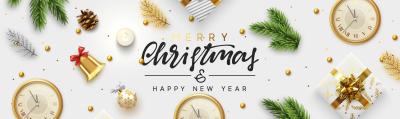 Glædelig jul og godt nytår billede med sort og guldfarvet skrift, julemotiver, ure, gran og gaver 