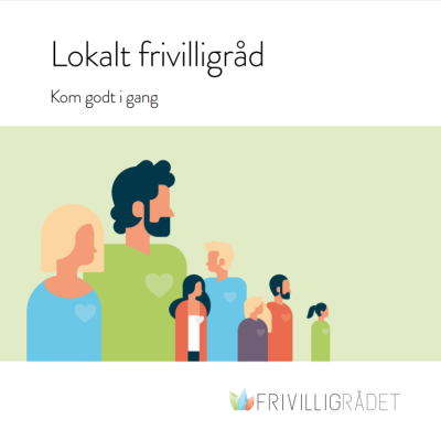 Billede af forside til folderen "Lokale frivilligråd - Kom godt i gang", hvor der ses 7 frivillige figurer foran en grøn baggrund.